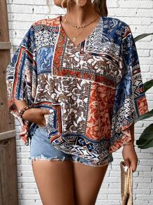 SHEIN VCAY Plus Patchwork Print Batwing Sleeve Blouse - Multicolor - View 1