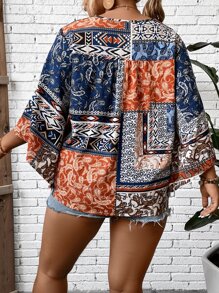 SHEIN VCAY Plus Patchwork Print Batwing Sleeve Blouse - Multicolor - View 2