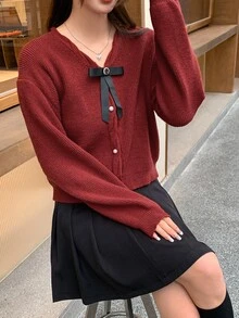 DAZY Solid Drop Shoulder Button Up Cardigan - Red - View 3