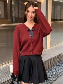 DAZY Solid Drop Shoulder Button Up Cardigan - Red - View 5