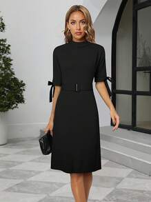 Mock Neck Knot Cuff Buckle Belted Dress - Black - View 1