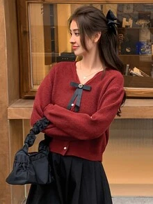 DAZY Solid Drop Shoulder Button Up Cardigan - Red - View 6