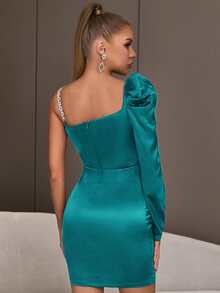 One Shoulder Chain Detail Asymmetrical Neck Bodycon Fancy Dress - Teal Blue - View 2