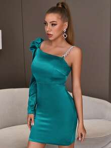 One Shoulder Chain Detail Asymmetrical Neck Bodycon Fancy Dress - Teal Blue - View 4
