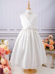 Tween Girls Surplice Neck Bow Side Party Dress - White - View 1