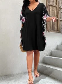 SHEIN LUNE Vestido con estampado floral ribete con fruncido