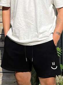 Manfinity Homme Loose Men's Expression Print Drawstring Waist Shorts - Black - View 6