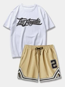 ROMWE MEN Prep Men Letter Tee & Striped Trim Shorts - Multicolor - View 1