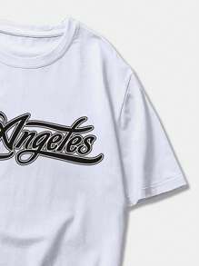 ROMWE MEN Prep Men Letter Tee & Striped Trim Shorts - Multicolor - View 3