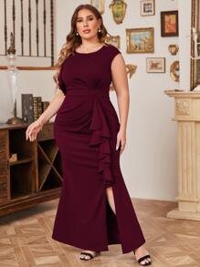 CurvySweet Vestido ribete con fruncido con fruncido bajo con abertura