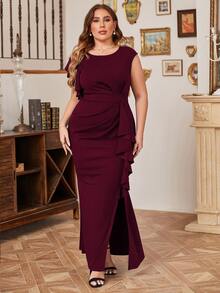CurvySweet Vestido ribete con fruncido con fruncido bajo con abertura