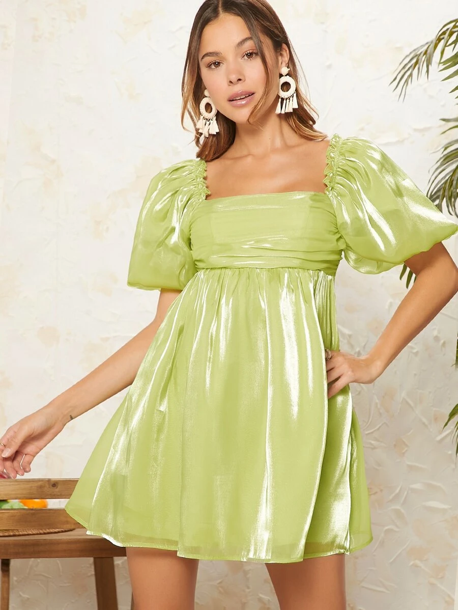 L'Amorae 方领泡泡袖欧根纱连衣裙 - 橄欖綠 - 查看 1