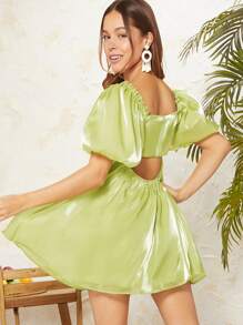 L'Amorae 方领泡泡袖欧根纱连衣裙 - 橄欖綠 - 查看 2