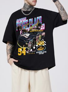 ROMWE MEN Men Car & Letter Graphic Drop Shoulder Tee - Black - View 1