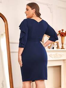 CurvySweet Plus Ruffle Trim Wrap Hem Dress - Navy Blue - View 2