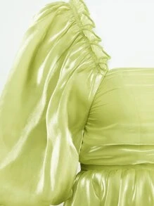 L'Amorae 方领泡泡袖欧根纱连衣裙 - 橄欖綠 - 查看 8