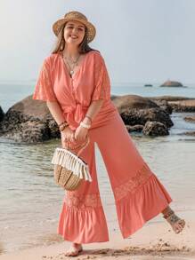Rusttydustty Plus Contrast Lace Sleeve Top & Wide Leg Trousers - Coral Pink - View 1