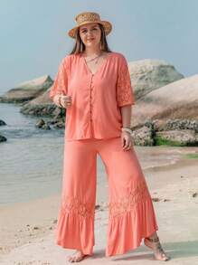 Rusttydustty Plus Contrast Lace Sleeve Top & Wide Leg Trousers - Coral Pink - View 3