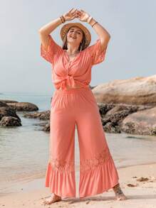 Rusttydustty Plus Contrast Lace Sleeve Top & Wide Leg Trousers - Coral Pink - View 4