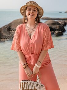 Rusttydustty Plus Contrast Lace Sleeve Top & Wide Leg Trousers - Coral Pink - View 5