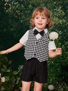 小男童千鳥格印花馬甲和襯衫和短褲
