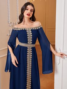 Al Najma 一字肩開衩袖蕾絲拼接後綁帶洋裝 - 藏蓝色 - 查看 3