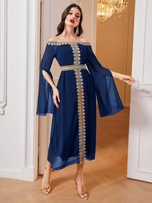 Al Najma 一字肩開衩袖蕾絲拼接後綁帶洋裝 - 藏蓝色 - 查看 4