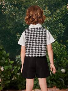 小男童千鳥格印花馬甲和襯衫和短褲