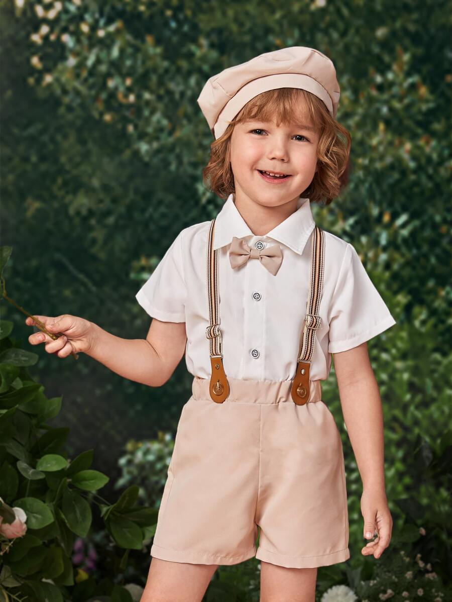 SHEIN 小男童襯衫和背帶短褲和配件帽