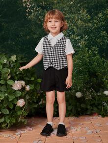 小男童千鳥格印花馬甲和襯衫和短褲