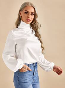 SHEIN BIZwear Tay áo Đèn lồng Xa ten Áo Trang phục làm việc - trắng - Xem 1
