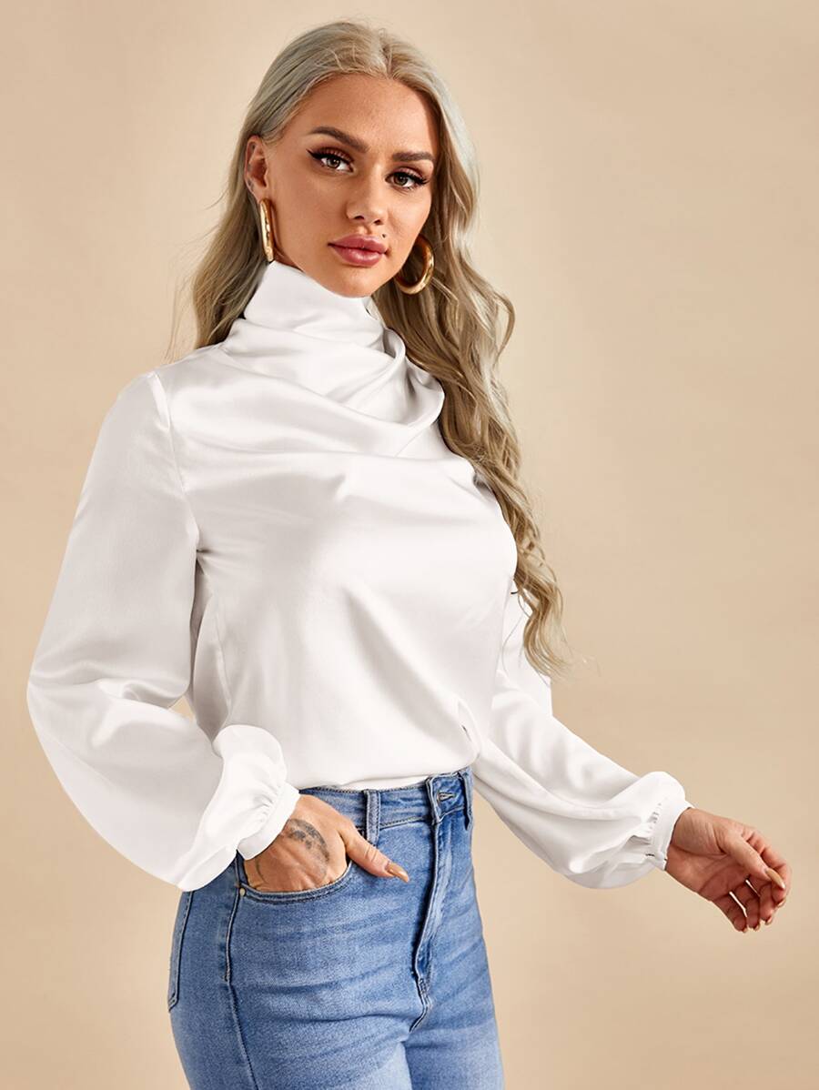 SHEIN BIZwear Tay áo Đèn lồng Xa ten Áo Trang phục làm việc - trắng - Xem 1
