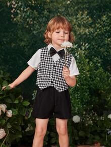 小男童千鳥格印花馬甲和襯衫和短褲