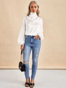 SHEIN BIZwear Tay áo Đèn lồng Xa ten Áo Trang phục làm việc - trắng - Xem 3