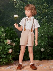 SHEIN 小男童襯衫和背帶短褲和配件帽