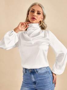 SHEIN BIZwear Tay áo Đèn lồng Xa ten Áo Trang phục làm việc - trắng - Xem 4