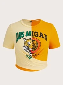 SHEIN Coolane Plus Letter & Tiger Print Two Tone Tee - Multicolor - View 1