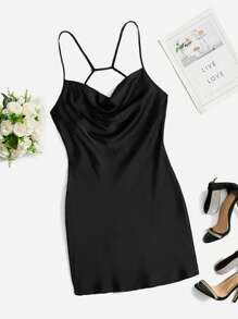 SHEIN Unity Draped Collar Open Back Satin Cami Dress - Black - View 1