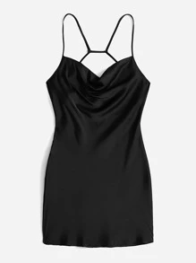 SHEIN Unity Draped Collar Open Back Satin Cami Dress - Black - View 5