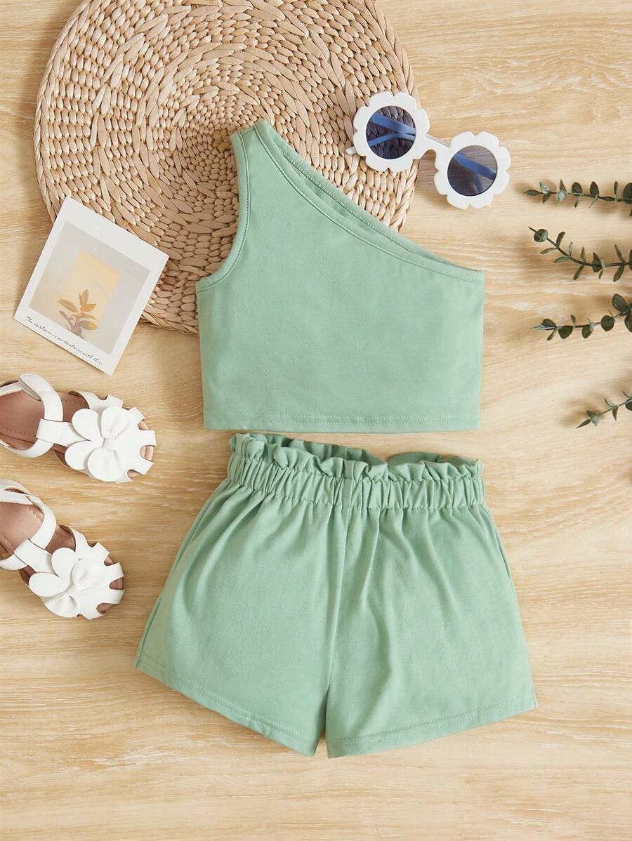 SHEIN 嬰兒女孩純色休閒彈性腰身2件套裝，適合夏季假期 - 薄荷綠 - 查看 1
