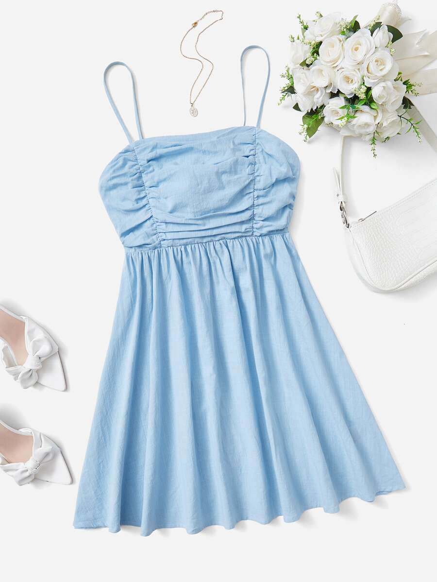 SHEIN VCAY Đầm Lộ Lưng Xù Buộc lại màu trơn Giải trí - Màu xanh lam - Xem 1