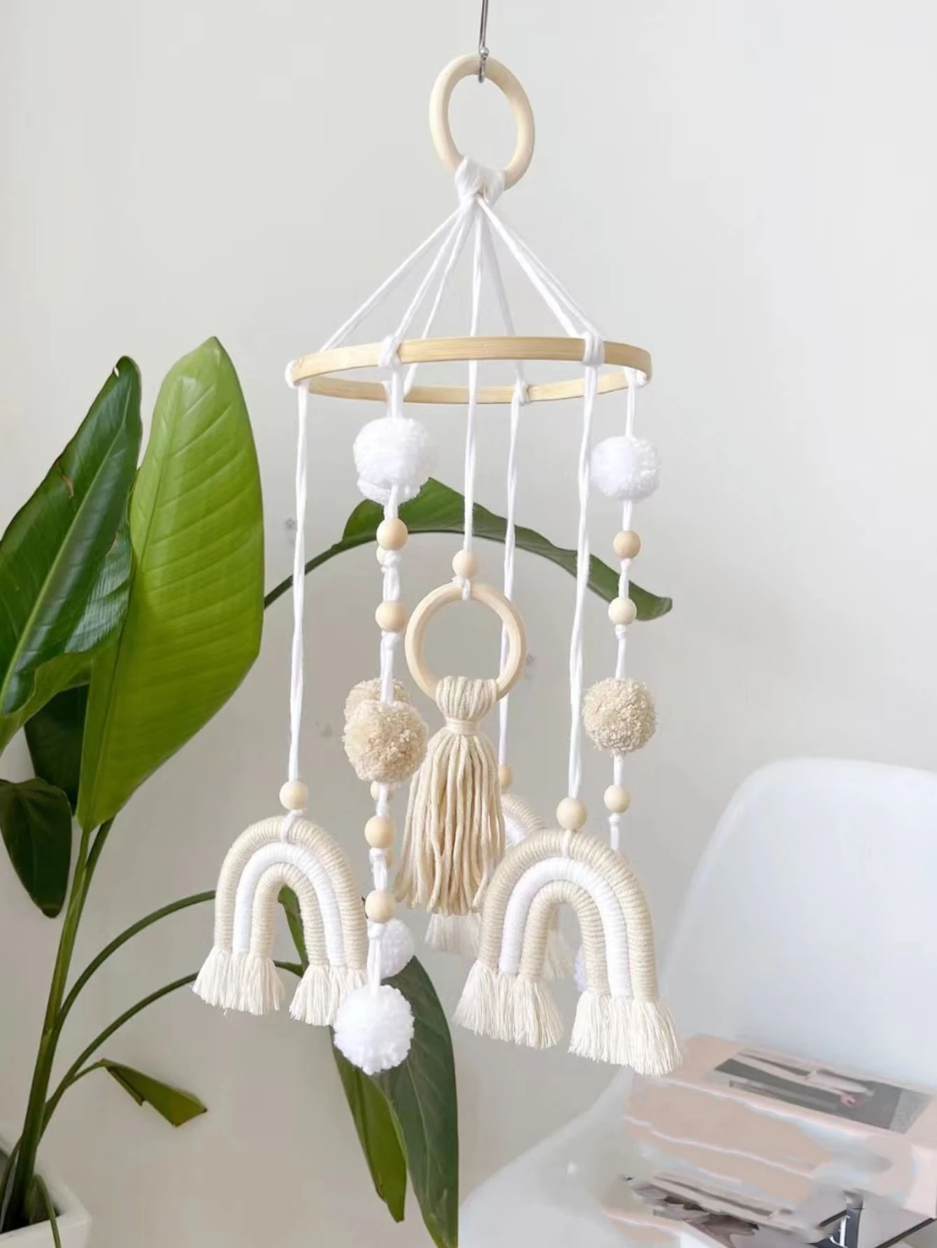 1 chiếc vải treo trang trí, chuông gió thiết kế cầu vồng cho gia đình, trang trí nhà cửa, trang trí phòng, trang trí tường - Màu be - Xem 1