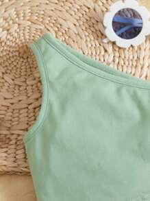 SHEIN 嬰兒女孩純色休閒彈性腰身2件套裝，適合夏季假期 - 薄荷綠 - 查看 4