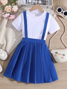 SHEIN Girls Solid Tee & Pleated Pinafore Skirt - Blue and White - View 1