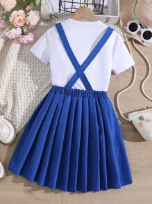 SHEIN Girls Solid Tee & Pleated Pinafore Skirt - Blue and White - View 2