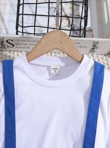 SHEIN Girls Solid Tee & Pleated Pinafore Skirt - Blue and White - View 3