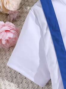 SHEIN Girls Solid Tee & Pleated Pinafore Skirt - Blue and White - View 4