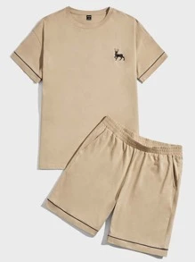 SHEIN Men Deer Print Contrast Piping PJ Set - Khaki - View 1