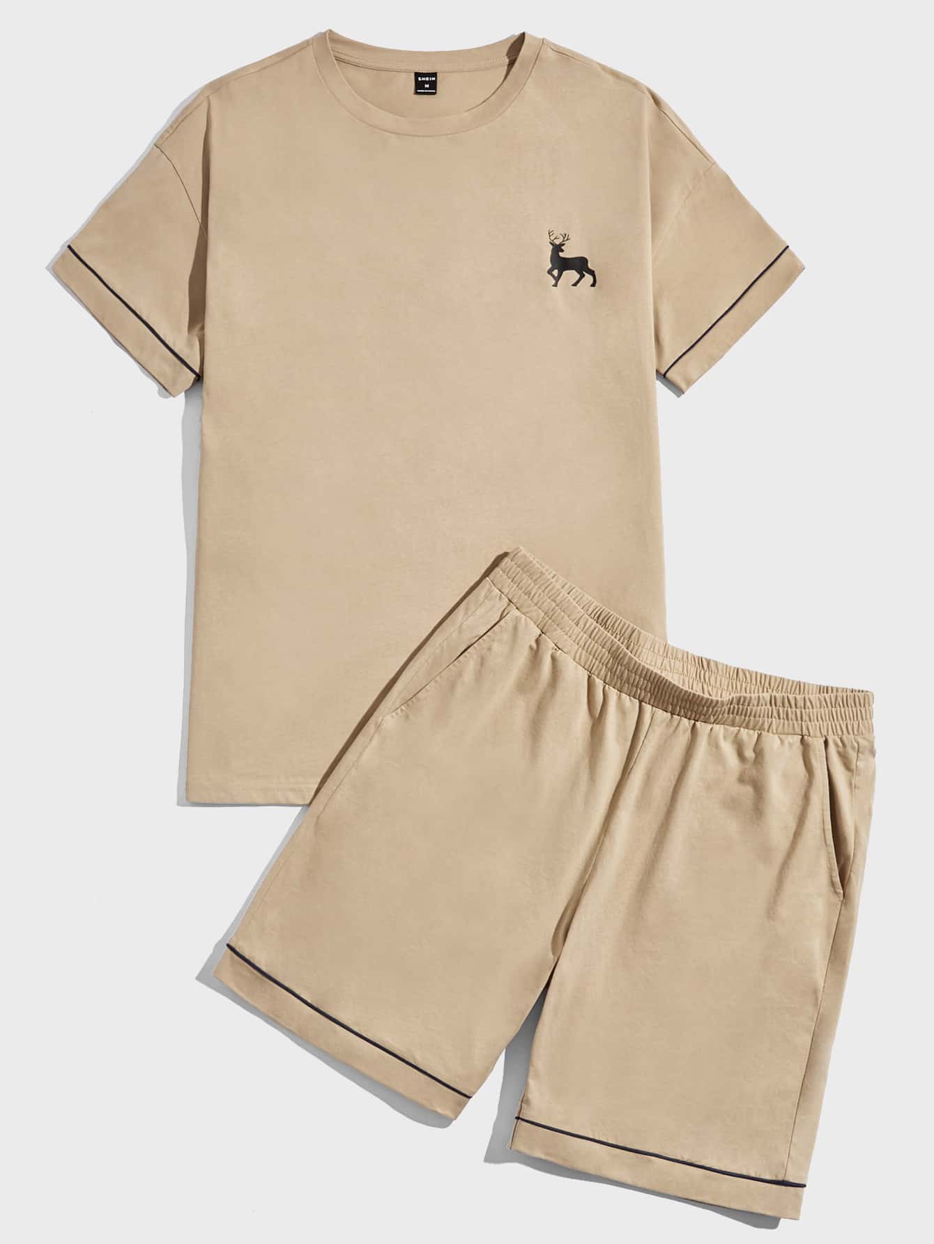 SHEIN Men Deer Print Contrast Piping PJ Set - Khaki - View 1
