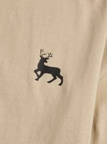 SHEIN Men Deer Print Contrast Piping PJ Set - Khaki - View 3